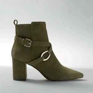 WHITE HOUSE BLACK MARKET DEVON 100% SUEDE SARGENT OLIVE GREEN ANKLE BOOT W BOX 7